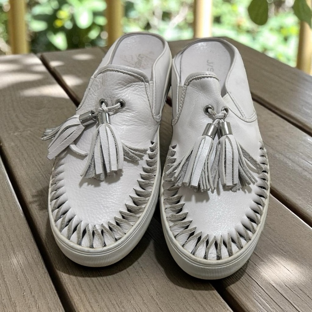 J Slides White Leather Mules with Tassels